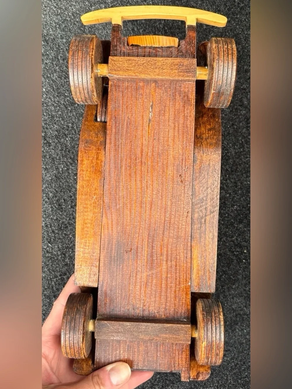 Vintage Handmade Wooden Model T Sedan Car: Two-Tone Artisan Folk Art Toy